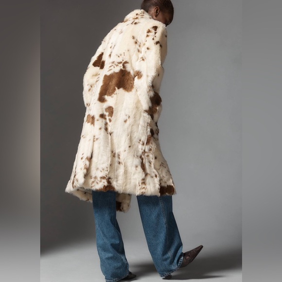 Anthropologie Maeve Grand Glam Faux Fur Coat Long Jacket in Cream and Brown - Picture 2 of 8